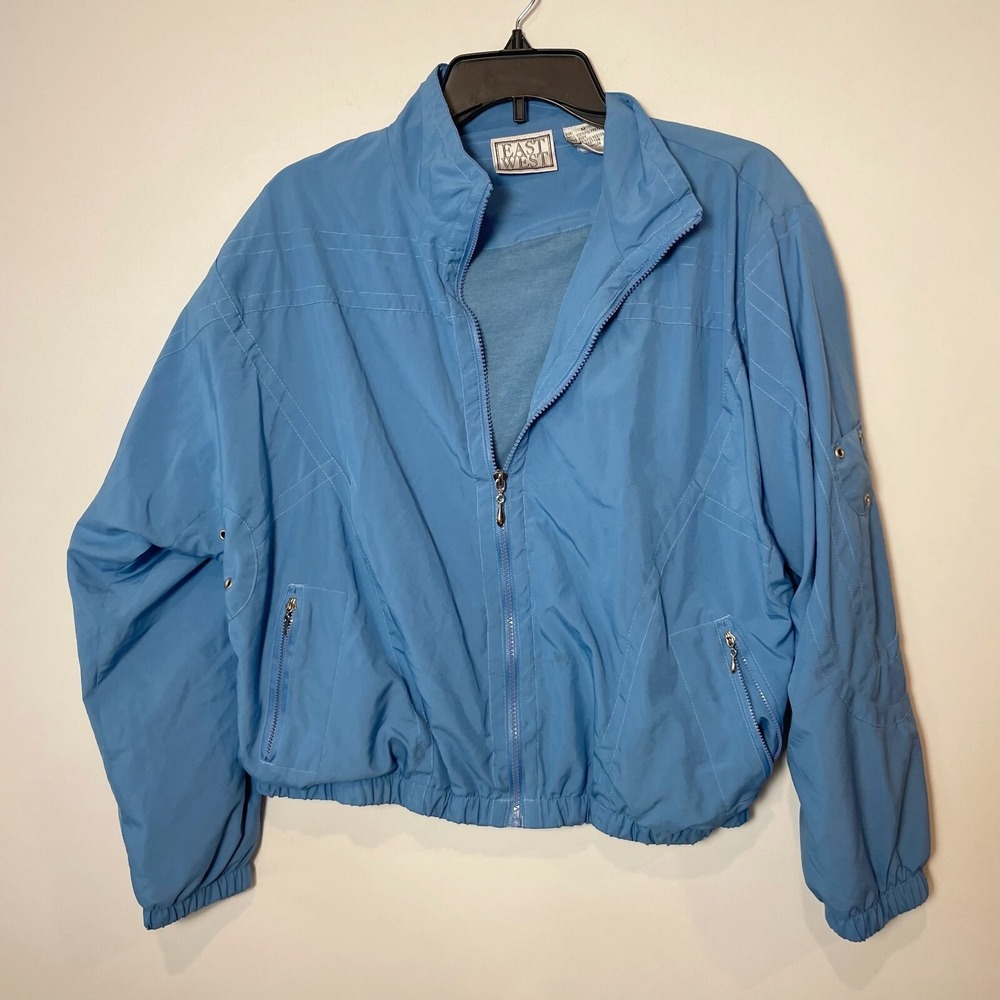 East West Womens Vintage Long‎ Sleeve Zip Windbreaker Jacket Blue M Pockets 90s